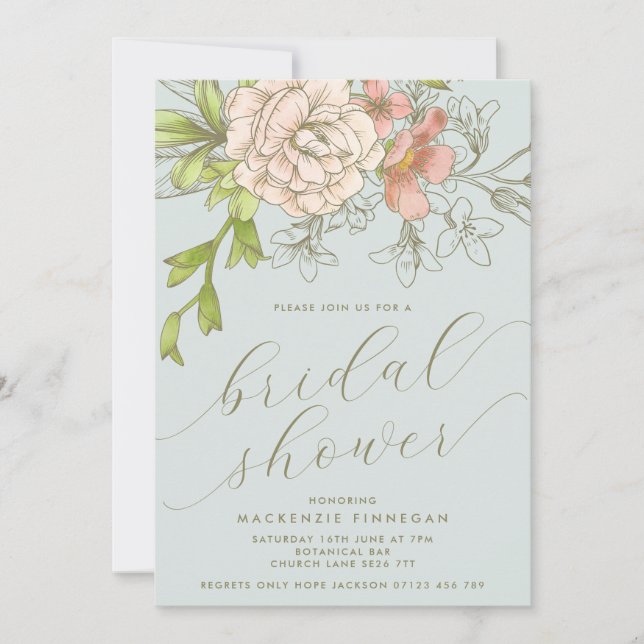 Vintage Blue Botanical Floral Bridal Shower Invitation (Front)