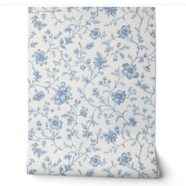 Vintage Blue Botanical Floral Pattern Wallpaper
