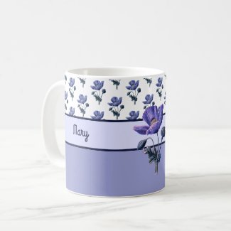 Vintage Blue Botanical Poppy with Monogram