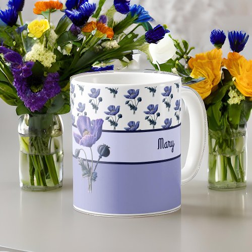 Vintage Blue Botanical Poppy with Monogram Coffee Mug