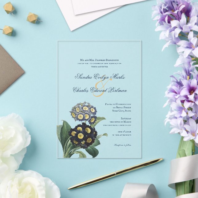 Vintage Blue Botanical Primrose Acrylic Invitations (Insitu (Wedding))