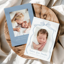 Vintage Blue Bow 2 Photo Birth Announcement