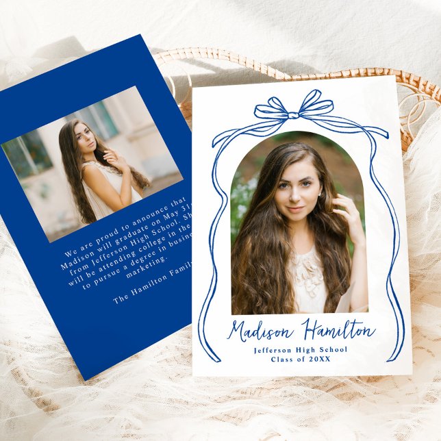 Vintage Blue Bow Arch Photo Graduation Announcement (Creator Uploaded)