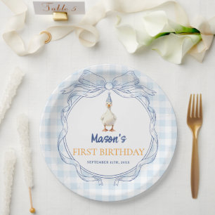 Vintage Blue Bow Duckling Boy 1st Birthday Paper Plates