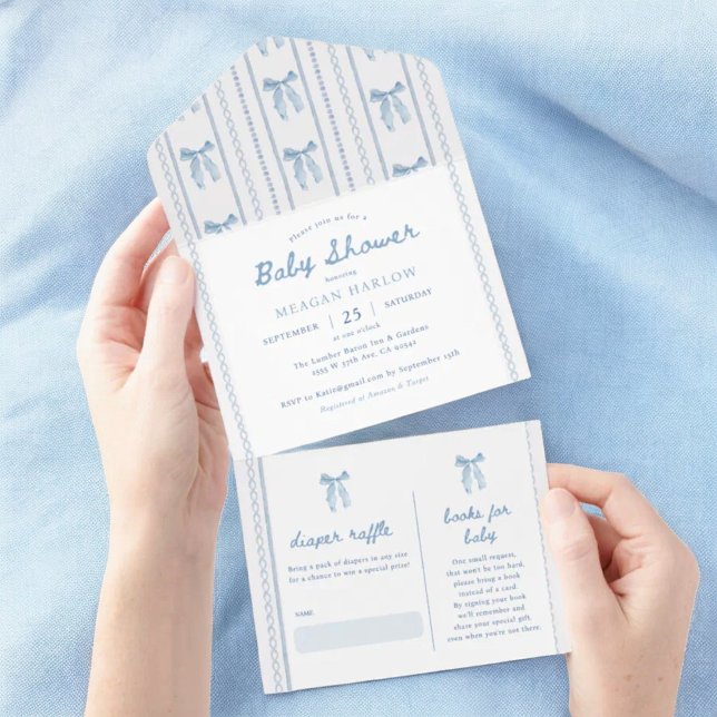 Vintage Blue Bow Elegant Boy Baby Shower All In One Invitation (Creator Uploaded)