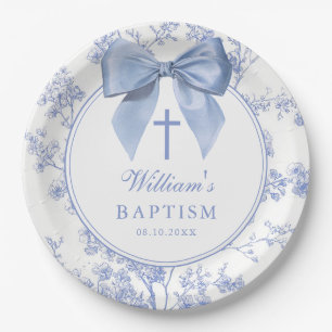 Vintage Blue Bow Floral Baptism Christening Paper Plates