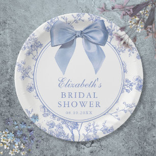 Vintage Blue Bow Floral Bridal Shower Paper Plates