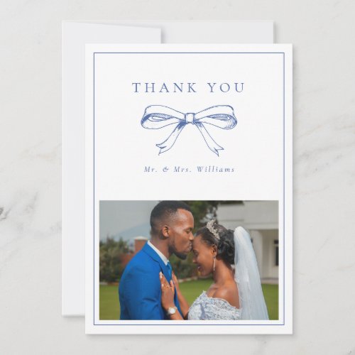 Vintage Blue Bow Mr  Mrs Photo Flat Wedding Thank You Card