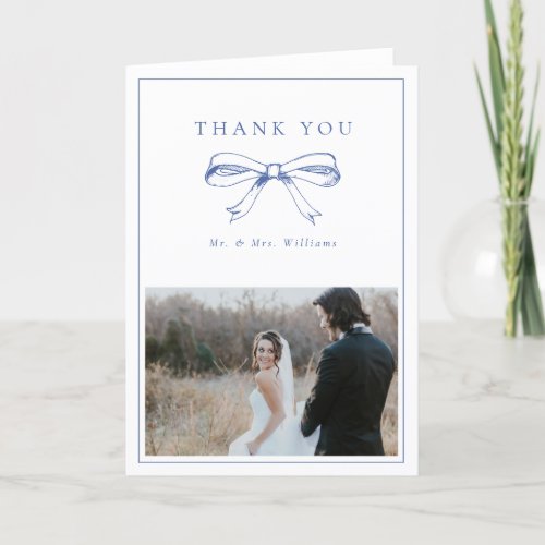 Vintage Blue Bow Mr  Mrs Photo Folded Wedding Thank You Card