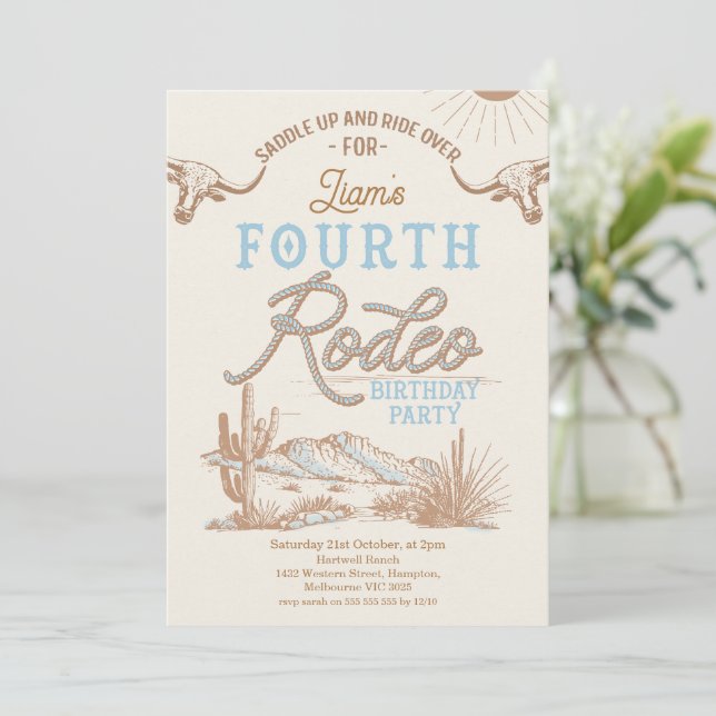 Vintage Blue Boys First Rodeo 4th Birthday  Invitation (Standing Front)