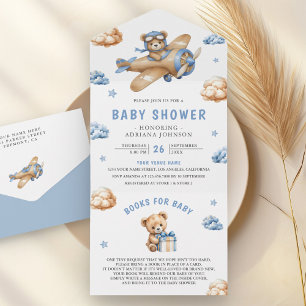 Vintage Blue Brown Airplane Teddy Bear Baby Shower All In One Invitation
