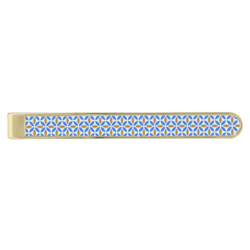 Vintage Blue Brown Barcelona Petals Geometric Tile Gold Finish Tie Bar