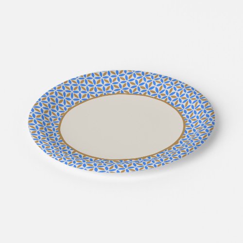 Vintage Blue Brown Barcelona Petals Geometric Tile Paper Plates