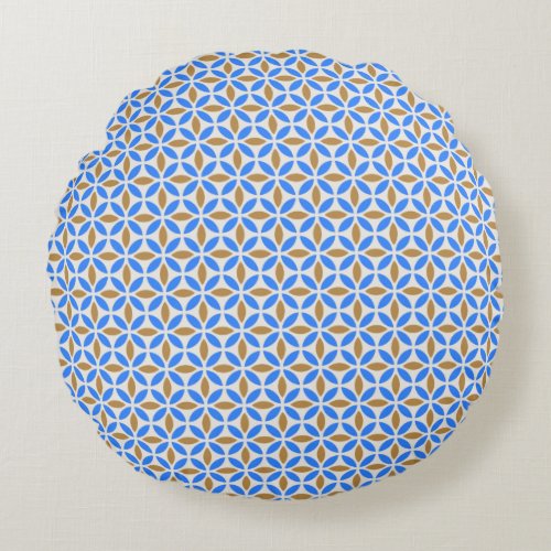 Vintage Blue Brown Barcelona Petals Geometric Tile Round Pillow