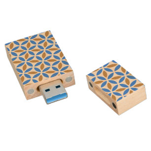 Vintage Blue Brown Barcelona Petals Geometric Tile Wood Flash Drive