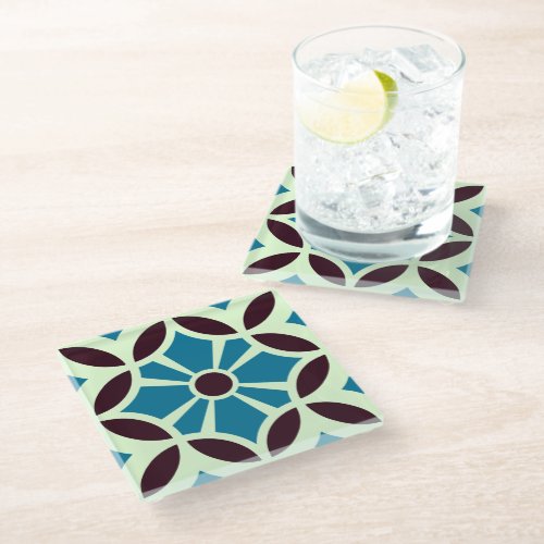 Vintage Blue Brown Barcelona Star Tile Geometric Glass Coaster