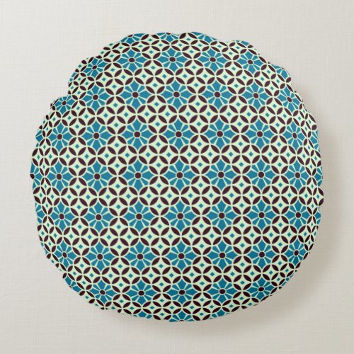 Vintage Blue Brown Barcelona Star Tile Geometric Round Pillow