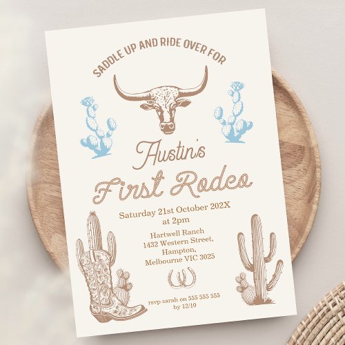 Vintage Blue Brown Boys First Rodeo 1st Birthday Invitation