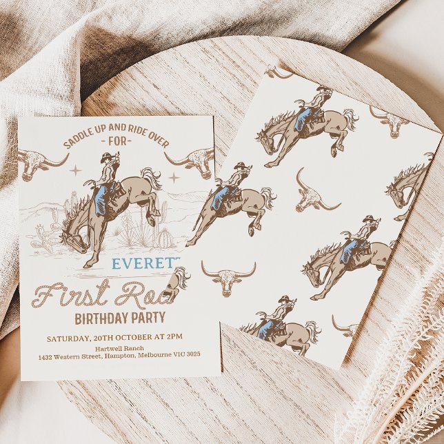 Vintage Blue Brown Cowboy Rodeo 1st Birthday Invitation (Creator Uploaded)