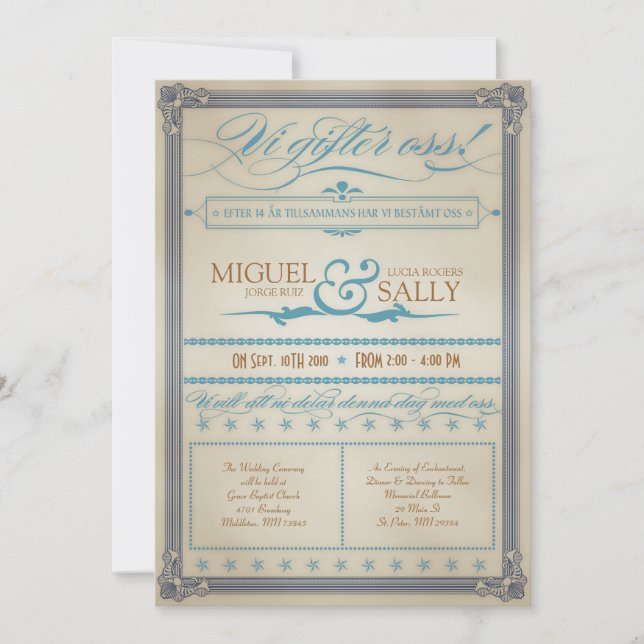 Vintage Blue & Brown Swedish Wedding Invitation (Front)