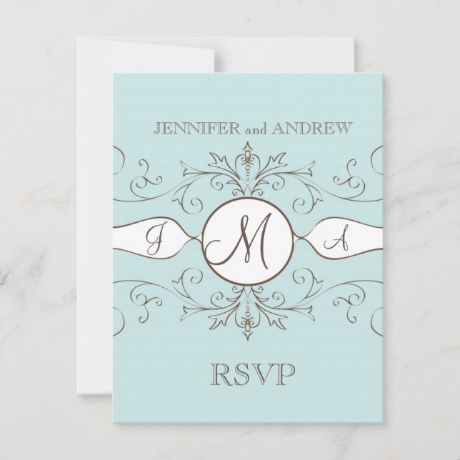 Vintage Blue Brown Wedding RSVP Cards (Front)