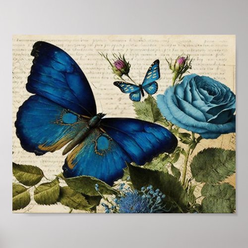 Vintage Blue Butterflies and Roses Decoupage Poster