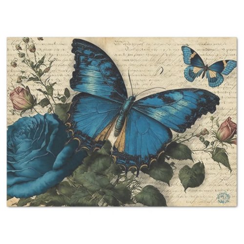 Vintage Blue Butterflies and Roses Decoupage Tissue Paper