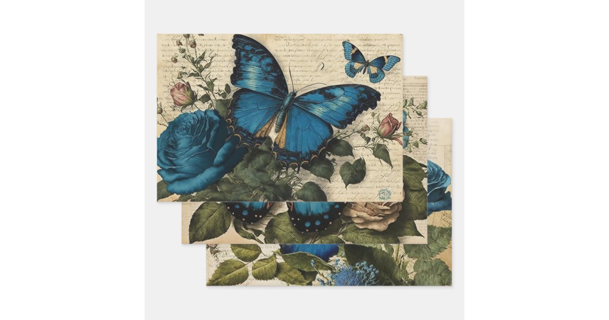Vintage Blue Butterflies and Roses Decoupage Wrapping Paper Sheets | Zazzle