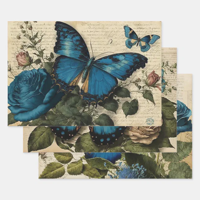 Vintage Blue Butterflies and Roses Decoupage Wrapping Paper Sheets | Zazzle