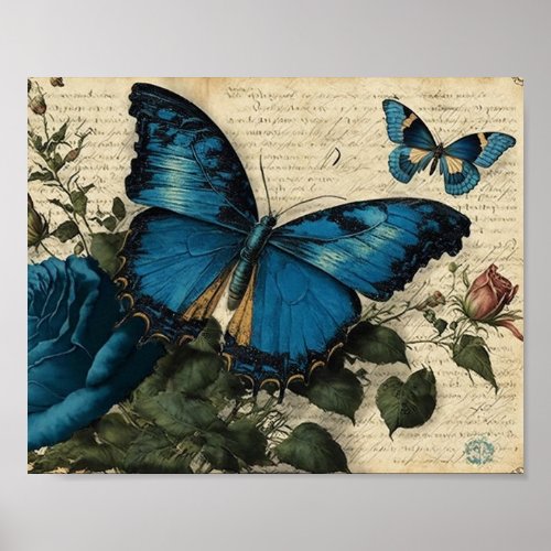 Vintage Blue Butterflies and Roses Poster