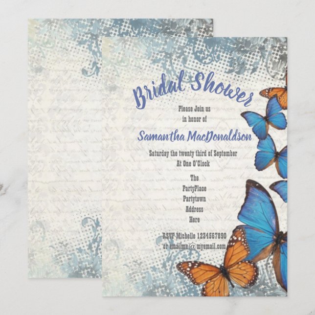 Vintage blue butterflies bridal shower invitation (Front/Back)
