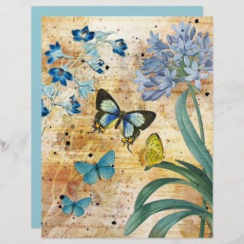 Vintage Blue Butterflies Floral Scrapbook Paper