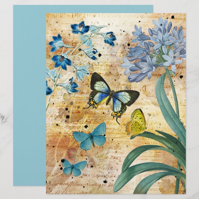 Vintage Blue Butterflies Floral Scrapbook Paper (Front/Back)