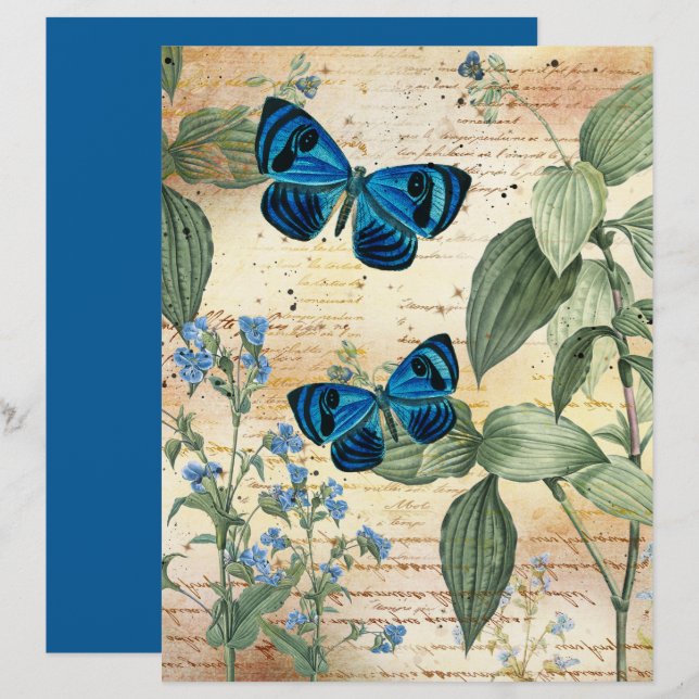 Vintage Blue Butterflies Scrapbook Paper (Front/Back)