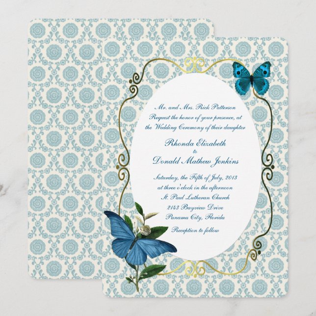 Vintage Blue Butterflies Wedding Invitation (Front/Back)