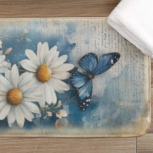 Vintage Blue Butterfly and Daisies Farmhouse Bath Mat