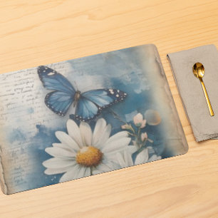 Vintage Blue Butterfly and Daisies Farmhouse Cloth Placemat