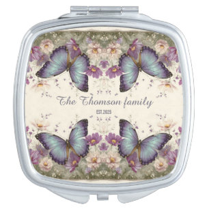 Vintage Blue Butterfly and Floral for Family Compact Mirror