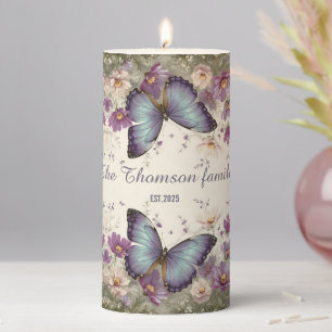 Vintage Blue Butterfly and Floral for Family Pillar Candle