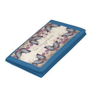 Vintage Blue Butterfly and Floral for Family Tri-fold Wallet