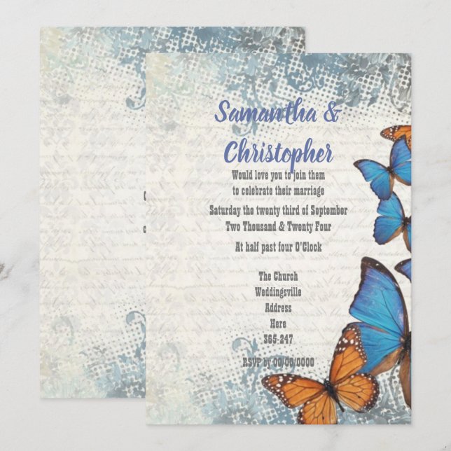 Vintage blue butterfly and lace wedding invitation (Front/Back)