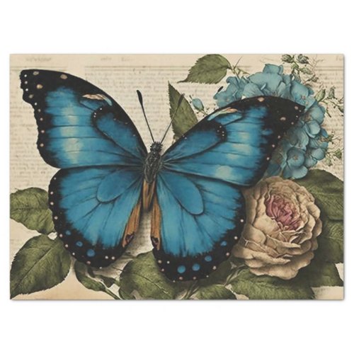 Vintage Blue Butterfly and Roses Decoupage Tissue Paper