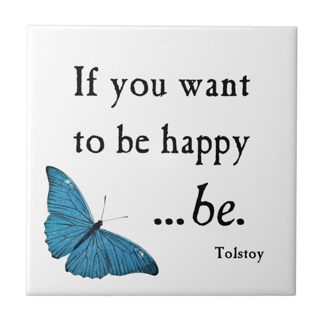 Vintage Blue Butterfly and Tolstoy Happiness Quote Tile (Front)