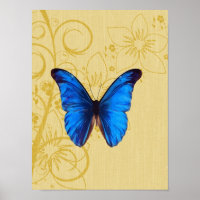 Vintage blue butterfly art poster