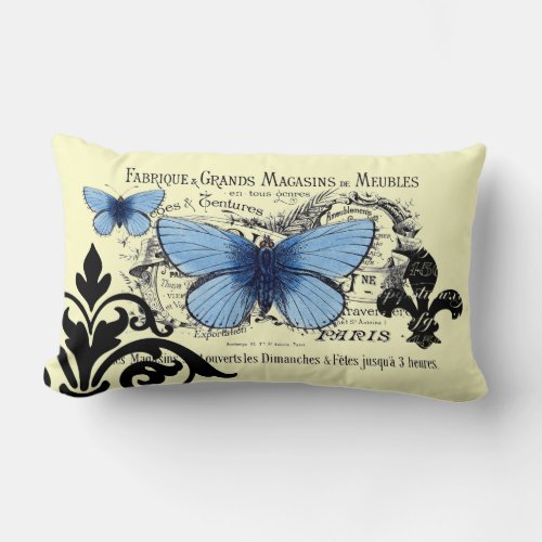 Vintage Blue Butterfly Collage Lumbar Pillow