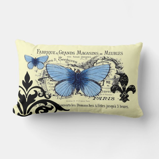 Vintage Blue Butterfly Collage Lumbar Pillow (Front)