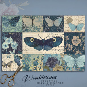 Vintage Blue Butterfly Decoupage Floral Collage Tissue Paper