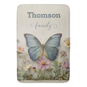Vintage Blue Butterfly Floral Garden Family Bath Mat