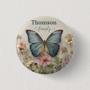 Vintage Blue Butterfly Floral Garden Family Button