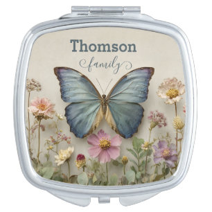 Vintage Blue Butterfly Floral Garden Family Compact Mirror